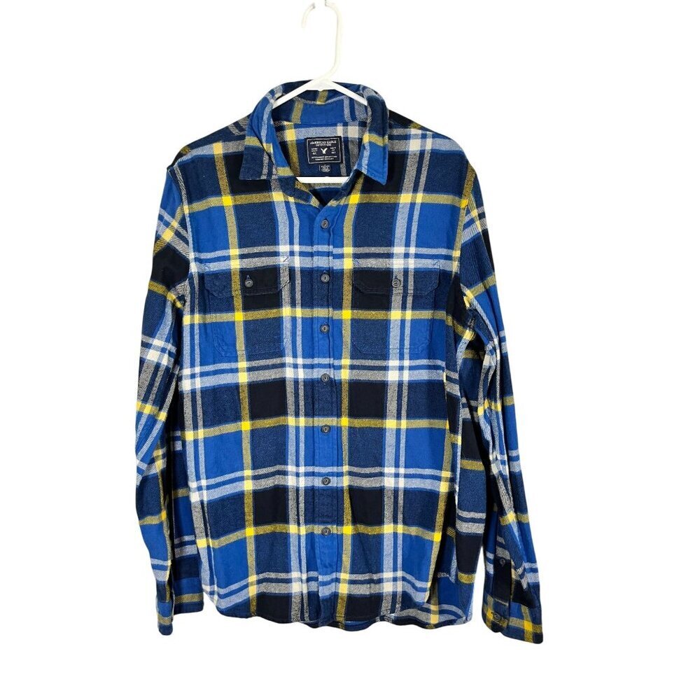 American Eagle Plaid Flannel Shirt Blue Y2K Grunge Festive Preppy Ski Cozy 90s